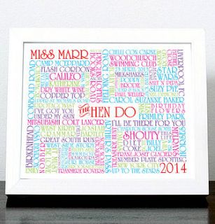 personalised 'hen do' memories print by more than words 'typographic art'