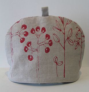 handmade tea cosy red trees by leaf