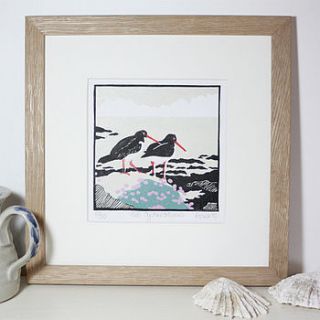 handmade lino print two oystercatchers by fiona carver