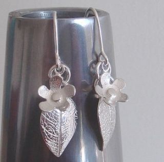 flower and leaf silver drop earrings by anne reeves jewellery