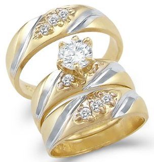 14k Yellow and White Gold Engagement Wedding His and Hers Trio Three Piece CZ Ring Set Round Cut Anillos De Boda Jewelry