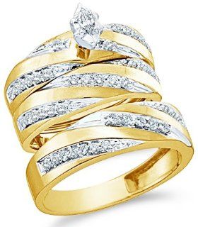 10k White and Yellow 2 Two Tone Gold Mens and Ladies Couple His & Hers Trio 3 Three Ring Bridal Matching Engagement Wedding Ring Band Set   Marquise and Round Diamonds   Solitaire Center Setting (.77 cttw)   SEE "PRODUCT DESCRIPTION" TO CHOOS