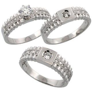 Sterling Silver 3 Piece His 6.5 mm & Hers 6 mm Trio Wedding Ring Set CZ Stones Rhodium Finish, Ladies Size 9 Jewelry