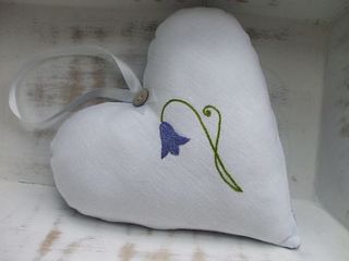 hand embroidered bluebell lavender heart by caroline watts embroidery