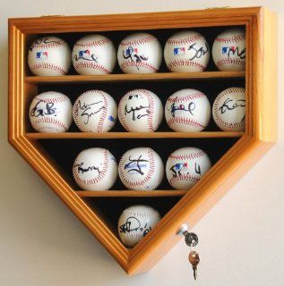 14 Baseball Display Case Cabinet Holder Wall Rack Home Plate Shaped w/ UV Protection  Lockable  Oak  Sports Related Display Cases  Sports & Outdoors