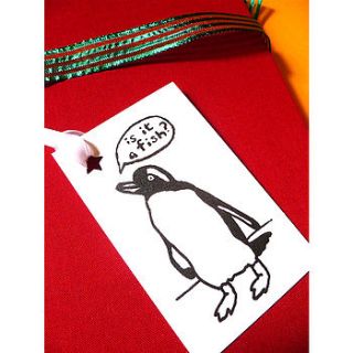 screen printed penguin wrapping paper by indigoelephant