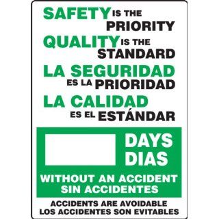 Accuform Signs SBMSR249PL Plastic Write A Day Bilingual Scoreboard, "Safety Is The Priority   Quality Is The Standard   #### Days Without An Accident   Accidents Are Avoidable" (English/Spanish), 20" Length X 28" Height Industrial Warn