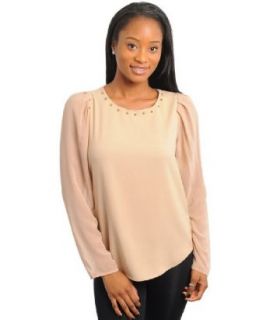 247 Frenzy Semi Sheer Pleated Shoulders Metallic Neckline Accent Top   Blush (Small)