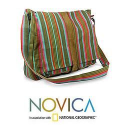 Cotton and Leather 'Maya Rainbow' Medium Shoulder Bag (Guatemala) Novica Shoulder Bags