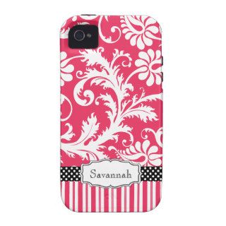 Personalized Vintage Pink Damask and Stripe Case Mate iPhone 4 Covers