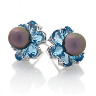 Designs by Turia 8 9mm Cultured Tahitian Pearl and Blue Topaz "Floral&quot