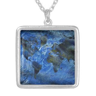 Swirly Blue Arylic World Map Personalized Necklace