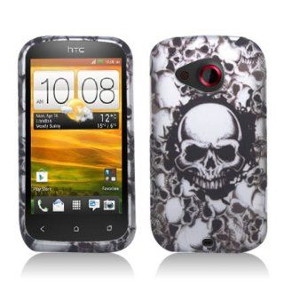 Aimo Wireless HTCDESIRECPCLMT237 Durable Rubberized Image Case for HTC Desire C   Retail Packaging   White Skulls Cell Phones & Accessories
