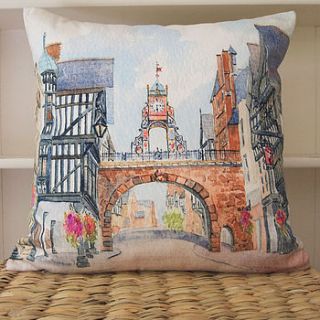 watercolour cushion chester east gate clock by dawn critchley designs
