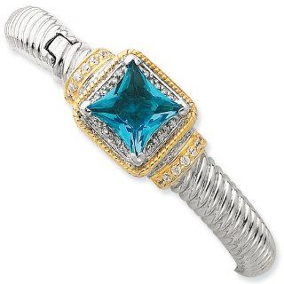 Sterling Silver & Gold Plated Blue Cz Hinged Cuff Bangle Jewelry