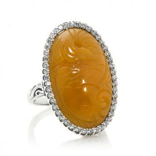 Jade of Yesteryear Yellow Jade and CZ Sterling Silver "Carved Fish" Ring