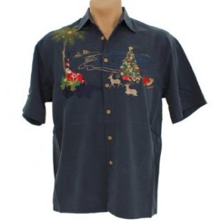 Bamboo Cay #SN27 Mens Embroidered Santa Christmas Break Holiday 2013 Hawaiian Shirt   Navy Large at  Mens Clothing store