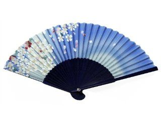 Japanese Design Silk Handheld Folding Fan, Sky Blue w/White and Plum Flowers HF 234   Blue Silk Japanese Hand Fan