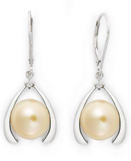 Sterling Silver Earrings, Cultured Golden South Sea Pearl (10mm) and Diamond Accent Leverback Earrings   Earrings   Jewelry & Watches