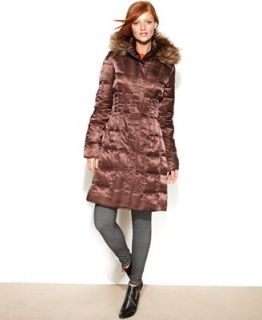 Calvin Klein Hooded Faux Fur Trim Long Quilted Puffer Coat   Coats   Women
