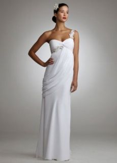 Wedding Dress Chiffon Floral Embellished One Shoulder Side Drape White, 8