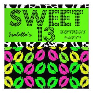 Sweet 13 13th Birthday Lips Cow Lime Pink Black Custom Invites