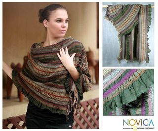 Wool 'Ruffled Olive' Shawl (India) Novica Scarves & Wraps