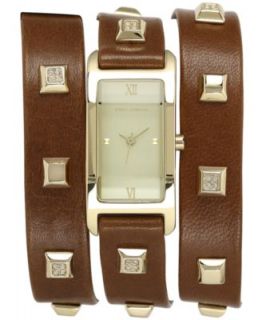 Vince Camuto Watch, Womens Gold Tone Pyramid Stud and Chain Black Leather Wrap Around Strap 22mm VC 5088GMBK   Watches   Jewelry & Watches