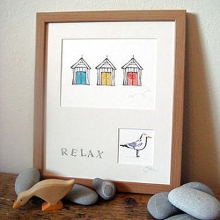 beach huts and seagull, handmade print by inky rose