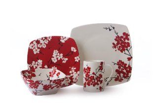 222 Fifth Mia Blossoms Square Dinnerware Set, Red, 16 Piece Kitchen & Dining