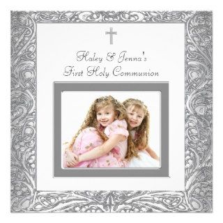 Elegant White Twins Photo First Communion Announcements