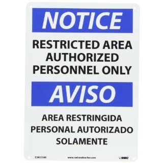 NMC ESN221AB Bilingual OSHA Sign, Legend "NOTICE   RESTRICTED AREA AUTHORIZED PERSONNEL ONLY", 14" Length x 10" Height, 0.040 Aluminum, Black/Blue on White Industrial Warning Signs