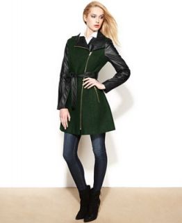 GUESS? Asymmetrical Mixed Media Faux Leather Belted Coat   Coats   Women