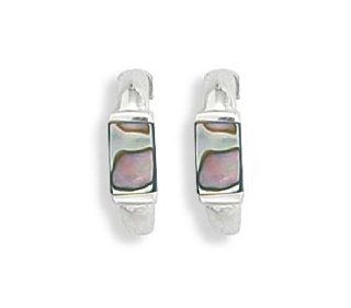 Polished Sterling Silver 1/2 Hoop Earrings With 6x4mm Inlaid Abalone Shell Earrings Jewelry