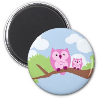 Cute Pink Owl Mom and Baby Fridge Magnet