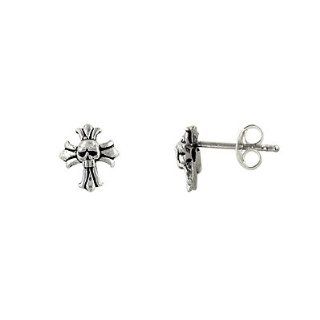 Sterling Silver Miniature Skull Cross Stud Earrings Small Cross Post Silver Earrings Jewelry