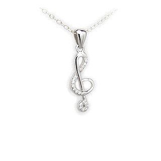 Sterling Silver Musical Treble Clef Pendant with Cubic Zirconia, 18" Chain Pendant Necklaces Jewelry