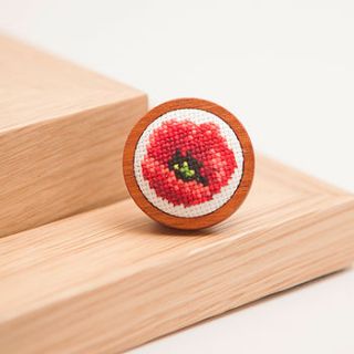hand embroidered poppy brooch by handstitched with love