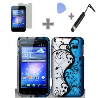 Rubberized Blue Black Silver Vine Flower Snap on Design Case Hard Case Skin Cover Faceplate with Screen Protector, Case Opener and Stylus Pen for Huawei Activa 4G LTE M920 (MetroPCS/US Cellular) Cell Phones & Accessories