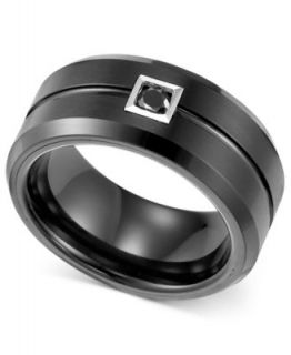 Triton Mens Black Tungsten Carbide Ring, Black Diamond Accent Comfort Fit Wedding Band   Rings   Jewelry & Watches