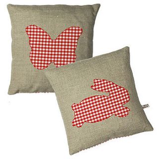 red gingham butterfly, rabbit cushions by chocolate creative home accessories