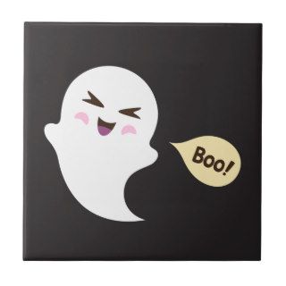 Fun cute kawaii cartoon ghost saying boo tile
