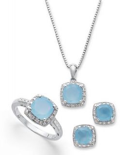 Sterling Silver Jewelry Set, Cushion Cut Light Blue Agate (4 1/10 ct. t.w.) and Diamond Accent Earrings, Ring and Pendant Set   Jewelry & Watches