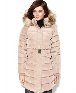Jones New York Hooded Faux Fur Trim Belted Puffer Coat   Coats   Women