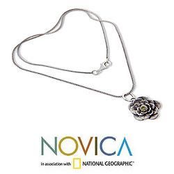 Sterling Silver 'Holy Lotus' Peridot Flower Necklace (Indonesia) Novica Necklaces