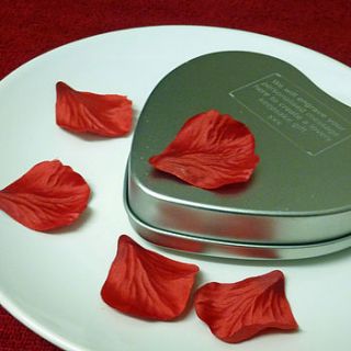 personalised heart shaped tin of rose petals by the write soap