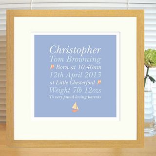 personalised new baby boy birth print by designed