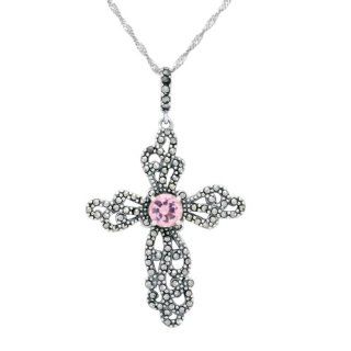 Sterling Silver Marcasite and Pink Glass Open Work Cross Pendant Necklace, 18" Jewelry