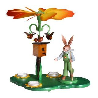 German Tea Light Candle Pyramid with Bunny Gardener and Bird House 12 Inch