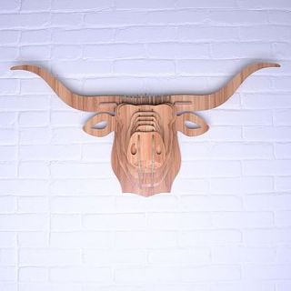 wooden animal trophy head long horned cow by myhaus